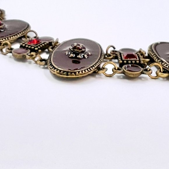 Up-Cycled - Burgundy & Red Enameled Medallion Brass Tone 7” Adjustable Bracelet - Picture 6 of 8